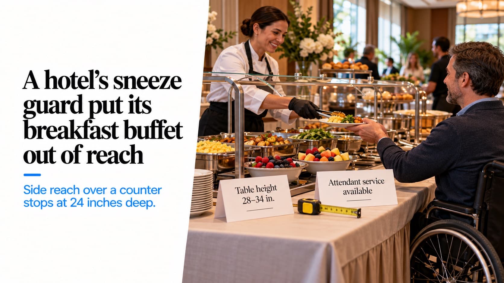A buffet attendant serving a guest who uses a wheelchair, with a tape measure on the table and cards reading 'Table height 28–34 in.' and 'Attendant service available'