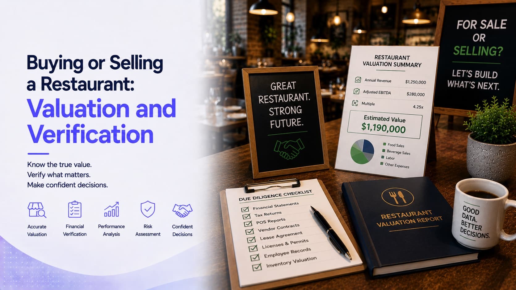 Buying or selling a restaurant — a restaurant valuation summary showing annual revenue, adjusted earnings and an estimated value, beside a due diligence checklist covering financial statements, tax returns, POS reports, vendor contracts and the lease agreement