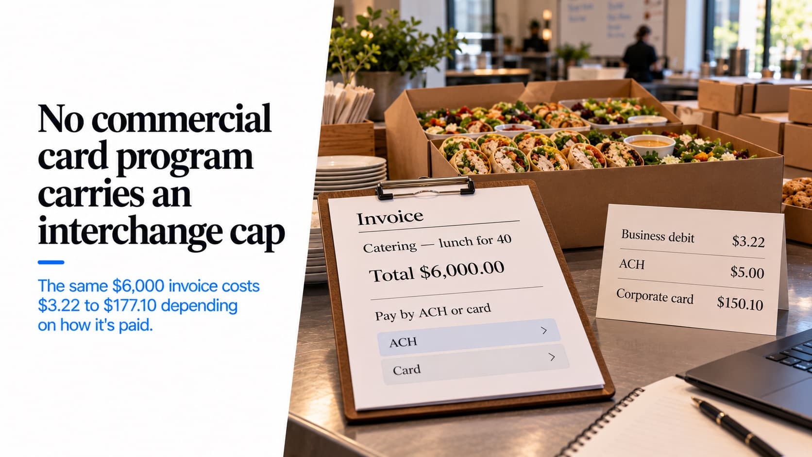 Catering invoice payment costs — a $6,000 invoice for a lunch for 40 with ACH listed before card, beside a card showing $3.22 for business debit, $5.00 for ACH and $150.10 for a corporate card