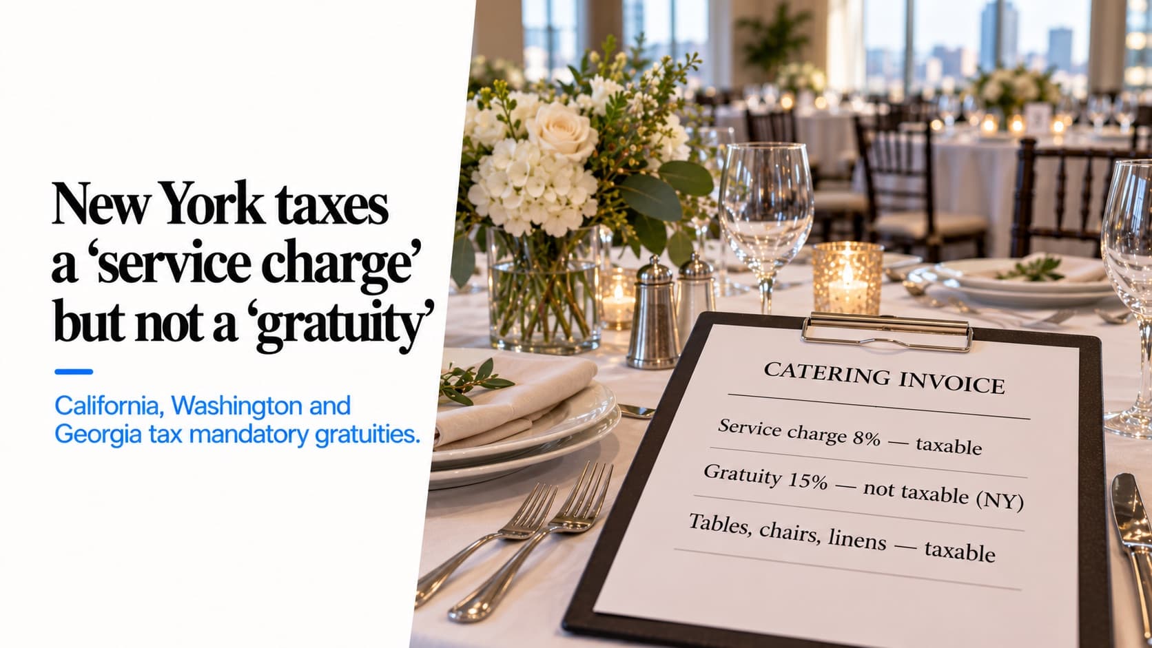 Sales tax on catering — a banquet table with a catering invoice listing 'Service charge 8% — taxable', 'Gratuity 15% — not taxable (NY)' and 'Tables, chairs, linens — taxable'