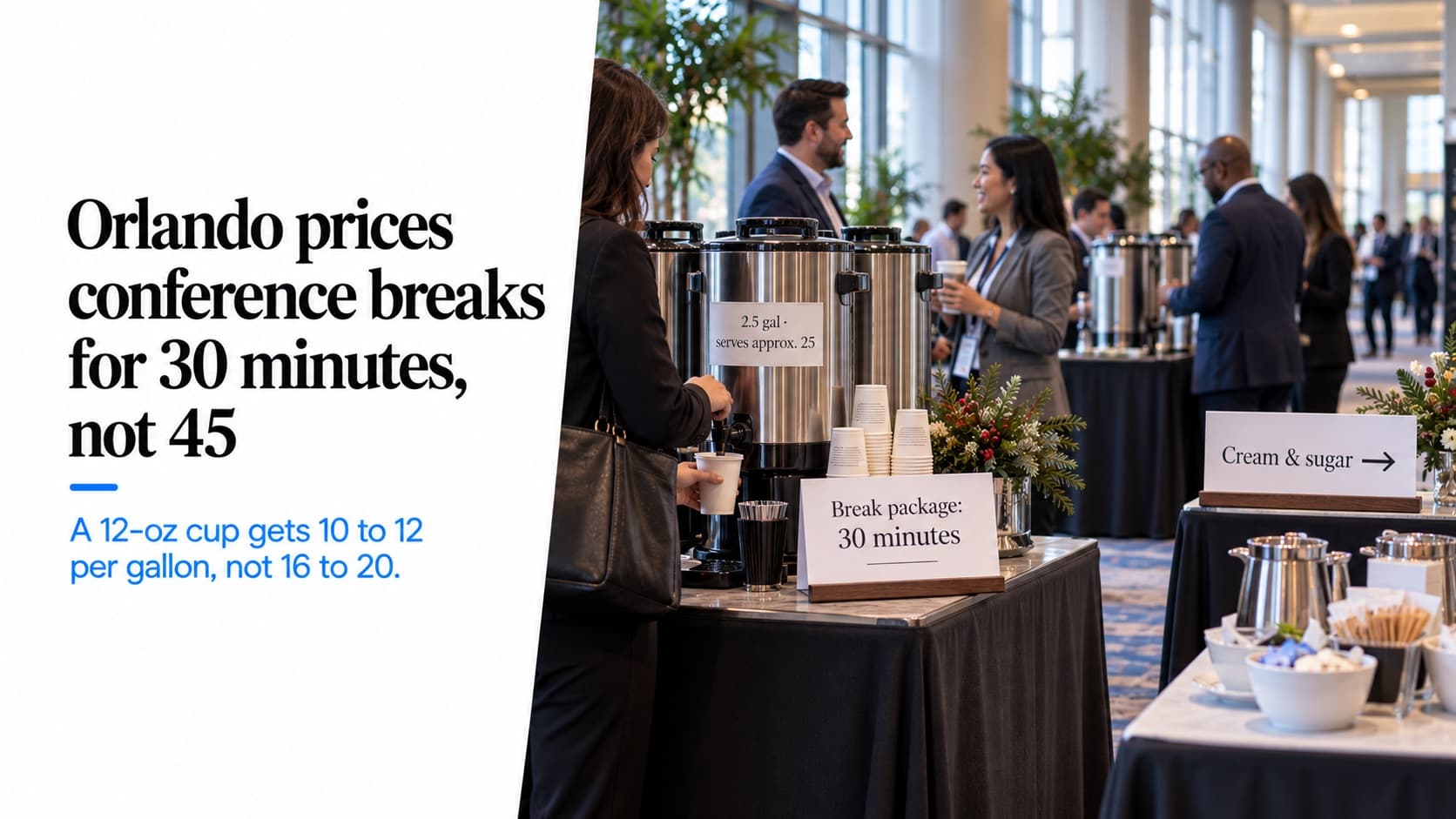 A 45-minute conference break — attendees at coffee urns in a convention-center corridor, an urn labeled '2.5 gal · serves approx. 25', a card reading 'Break package: 30 minutes' and cream and sugar on a separate table