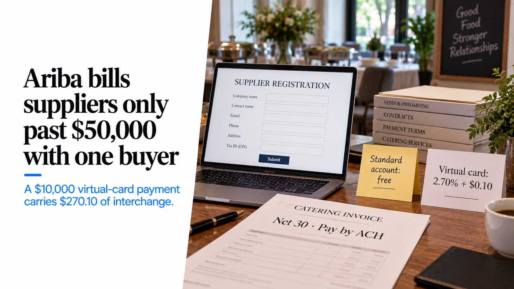 Getting onto a corporate vendor list — a laptop showing a supplier registration form beside an invoice reading 'Net 30 · Pay by ACH', a note reading 'Standard account: free' and a card reading 'Virtual card: 2.70% + $0.10'