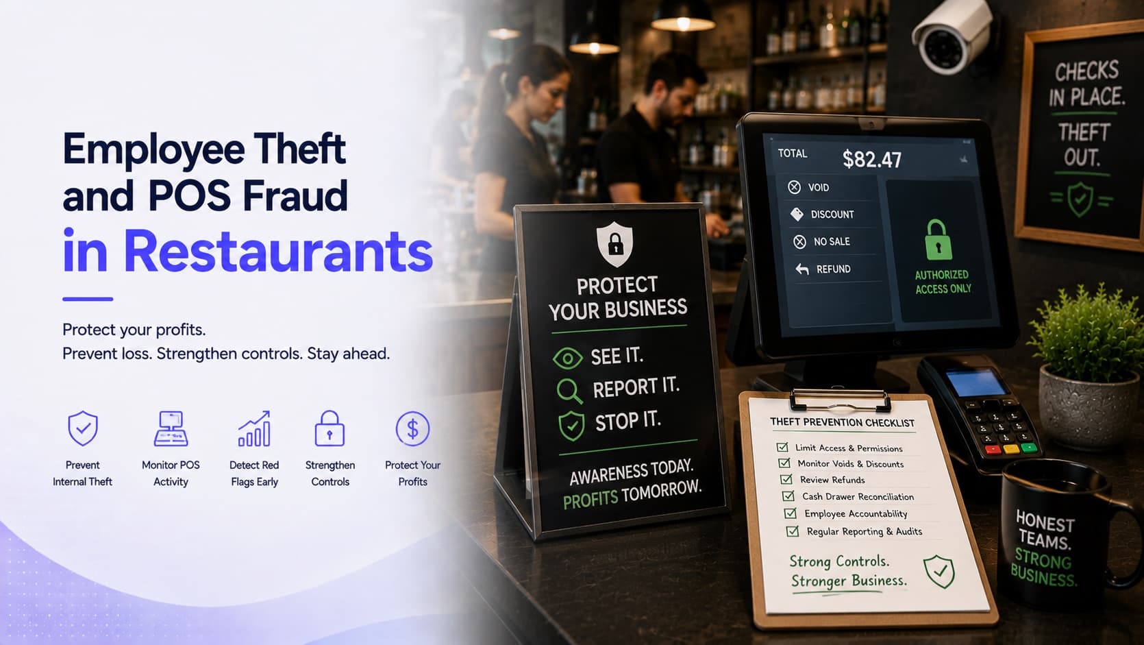 Employee theft and POS fraud in restaurants — a point-of-sale terminal showing void, discount, no-sale and refund functions restricted to authorized access, beside a theft prevention checklist covering permissions, void monitoring, refund review and cash drawer reconciliation