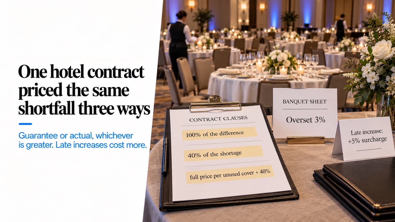 Headcount guarantees and attrition — a hotel ballroom set for a banquet beside a contract page with three highlighted clauses, '100% of the difference', '40% of the shortage' and 'full price per unused cover + 40%', a sheet reading 'Overset 3%' and a card reading 'Late increase: +5% surcharge'