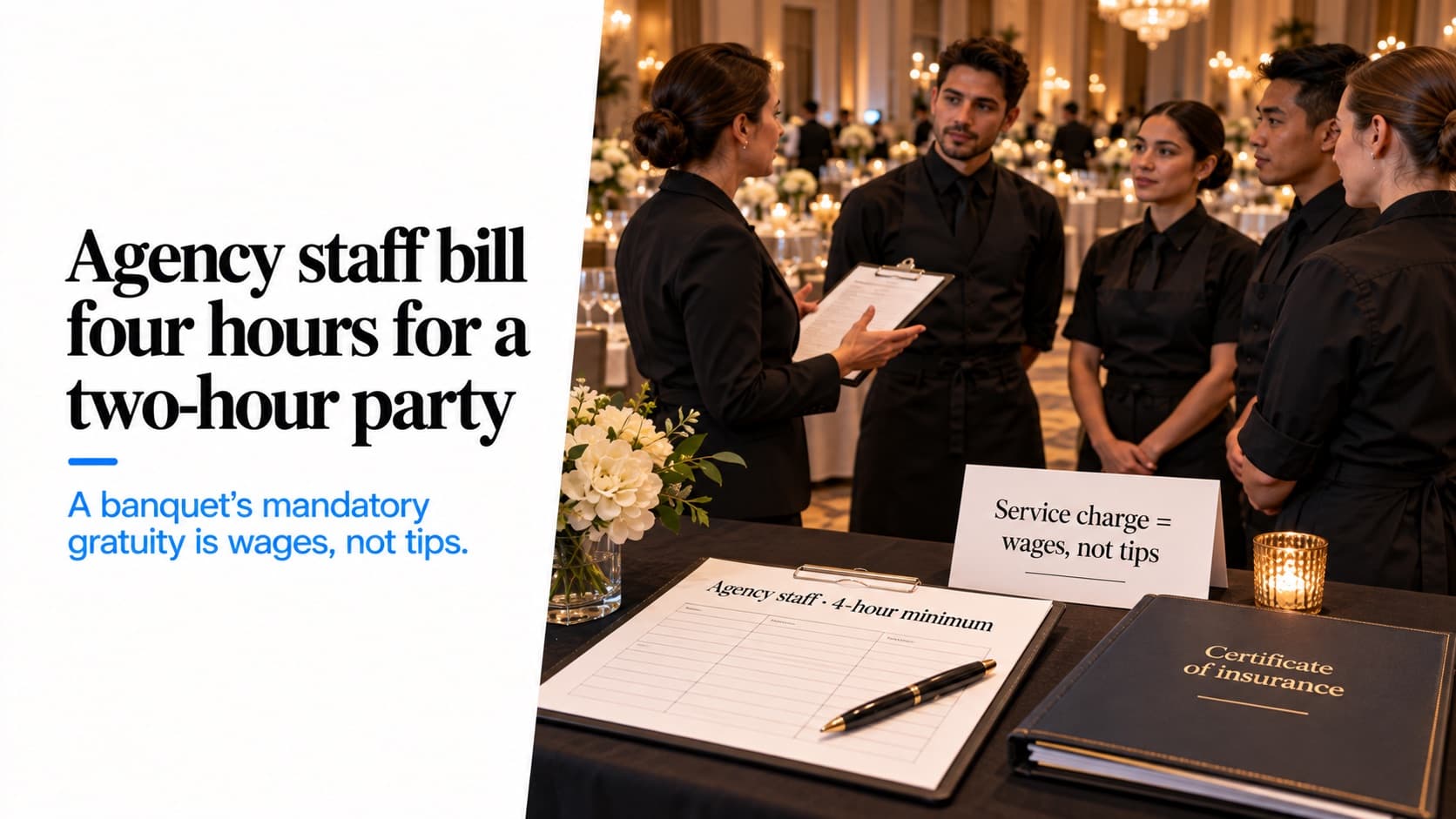 A banquet captain briefing servers at a staff check-in table before an event, with a timesheet headed 'Agency staff · 4-hour minimum', a card reading 'Service charge = wages, not tips' and a binder labeled 'Certificate of insurance'