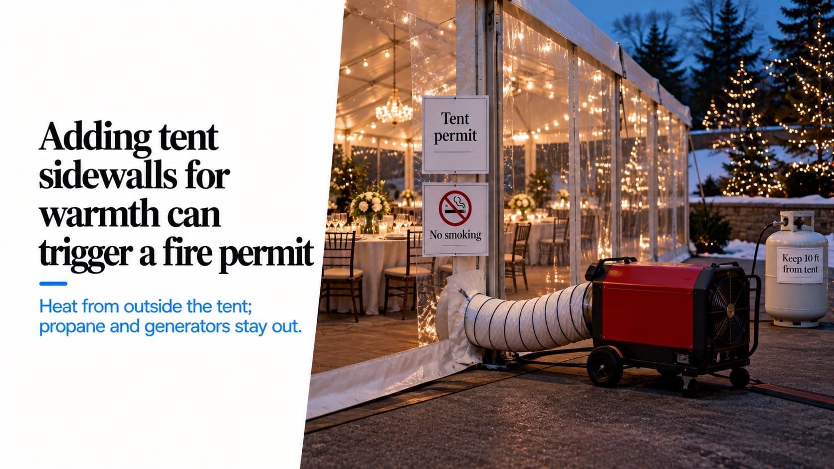 Event tents in cold weather — a sidewalled tent at dusk heated by a unit outside blowing warm air in through a duct, a propane cylinder outside tagged 'Keep 10 ft from tent', and posted 'Tent permit' and 'No smoking' signs
