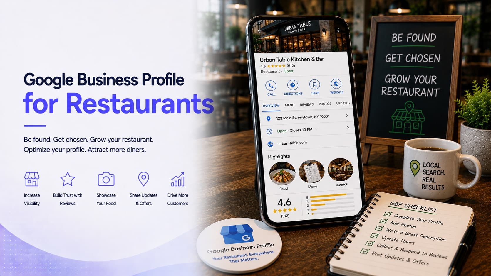 Google Business Profile for restaurants — a phone showing a restaurant's Google listing with call, directions, save and website buttons, menu and photo highlights, hours and a star rating breakdown, beside a profile optimisation checklist