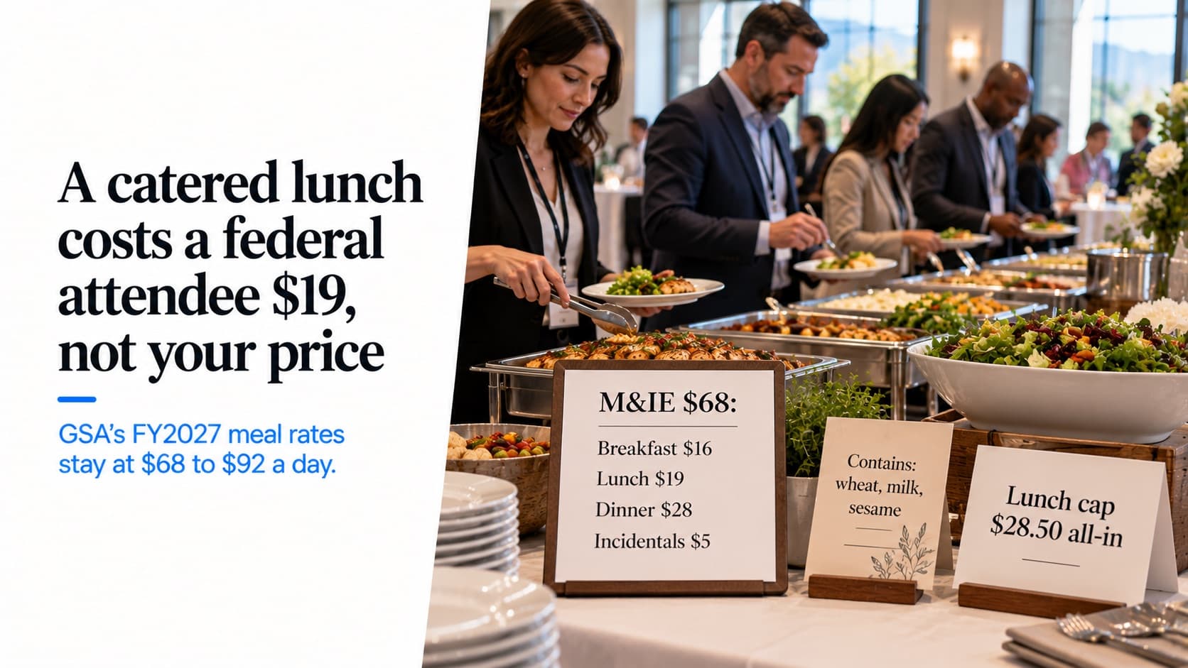Catering to a government per diem — attendees at a conference lunch buffet beside a card reading 'M&IE $68: Breakfast $16 · Lunch $19 · Dinner $28 · Incidentals $5', an allergen card and a tent card reading 'Lunch cap $28.50 all-in'