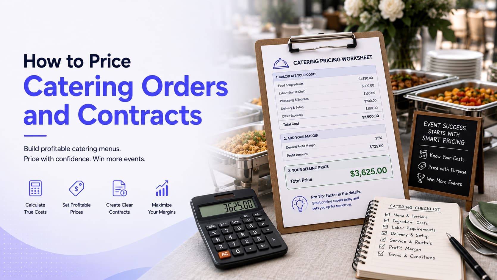 How to price catering orders and contracts — a pricing worksheet totalling food, labor, packaging and delivery costs, then adding margin to reach a selling price
