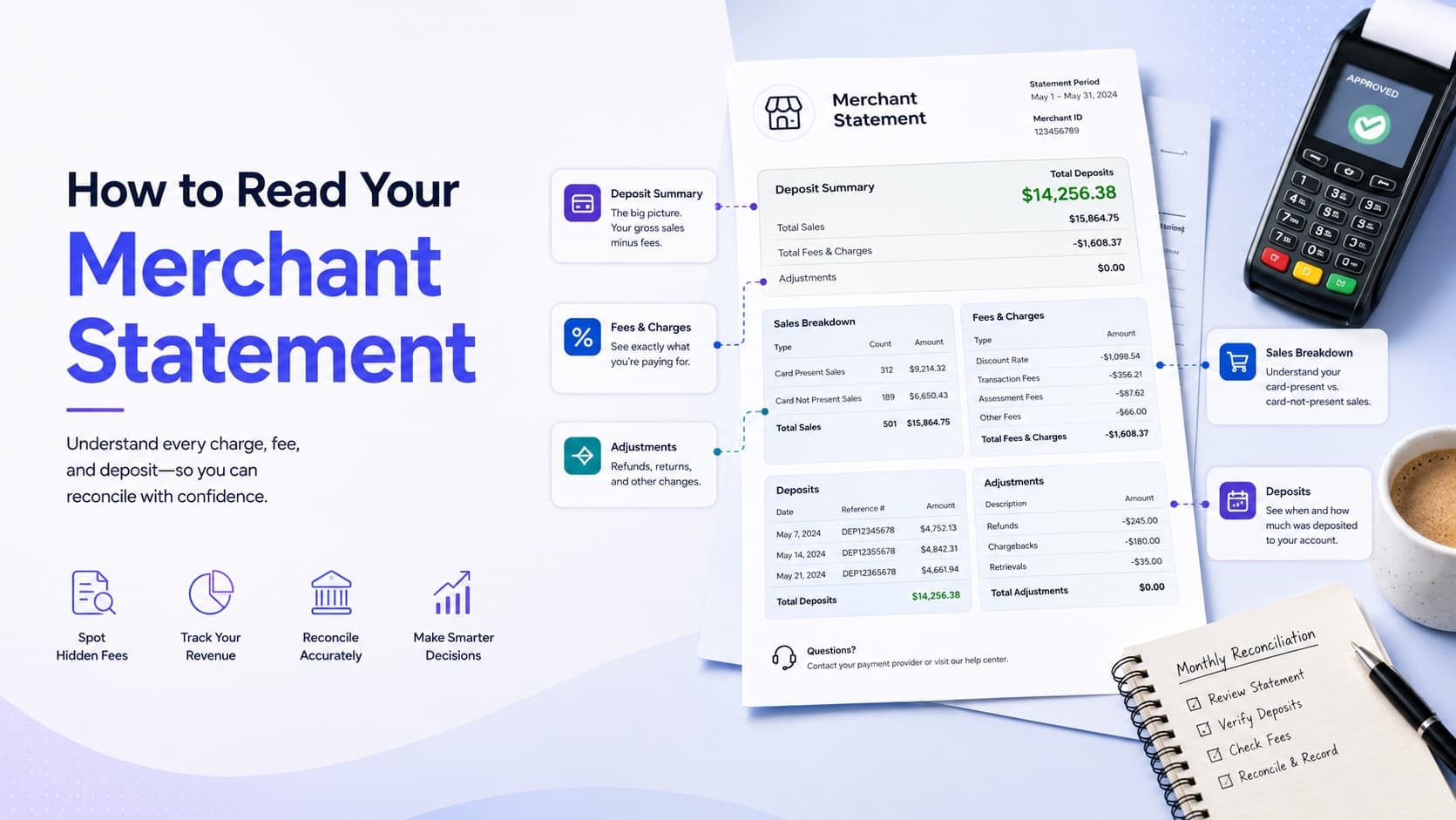 How to read your merchant statement — an annotated statement showing deposit summary, sales breakdown, fees and charges, deposits, and adjustments