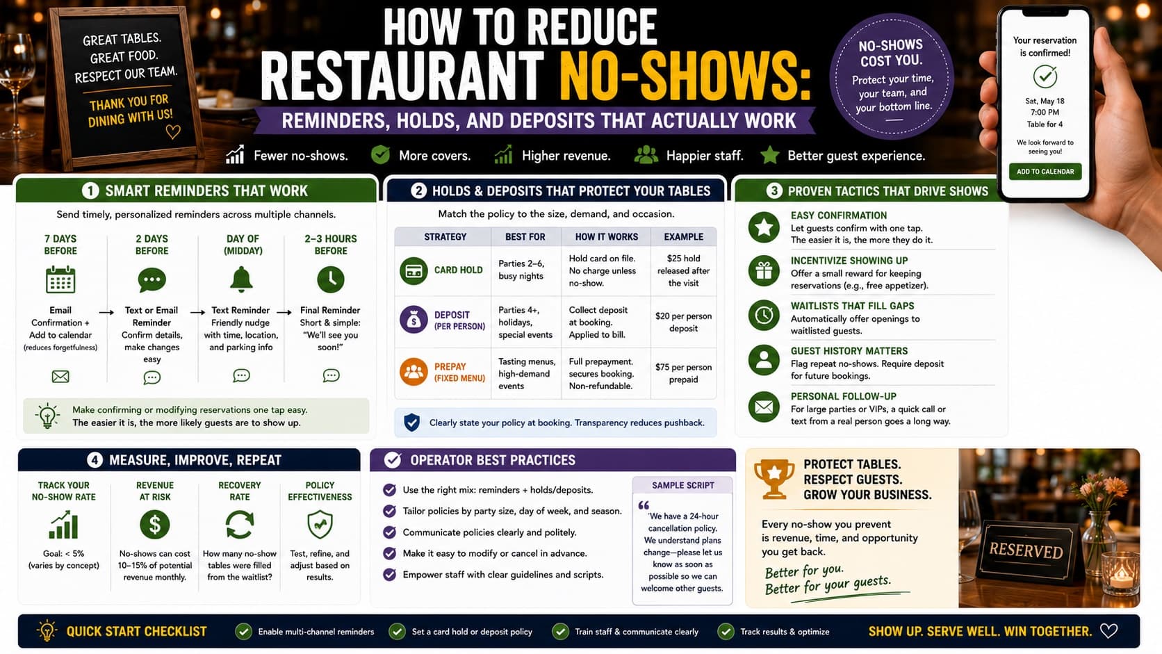 How to reduce restaurant no-shows — the cost of an empty reserved table and the reminders, credit-card holds, and deposits that reduce no-shows