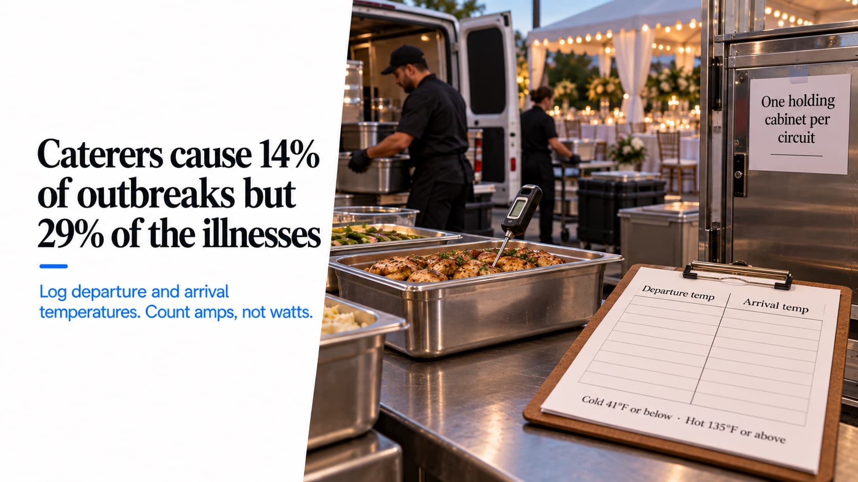 Off-site catering logistics — hotel pans unloaded from a catering van with a probe thermometer in one, a departure-and-arrival temperature log reading 'Cold 41°F or below · Hot 135°F or above', and a cabinet labeled 'One holding cabinet per circuit'