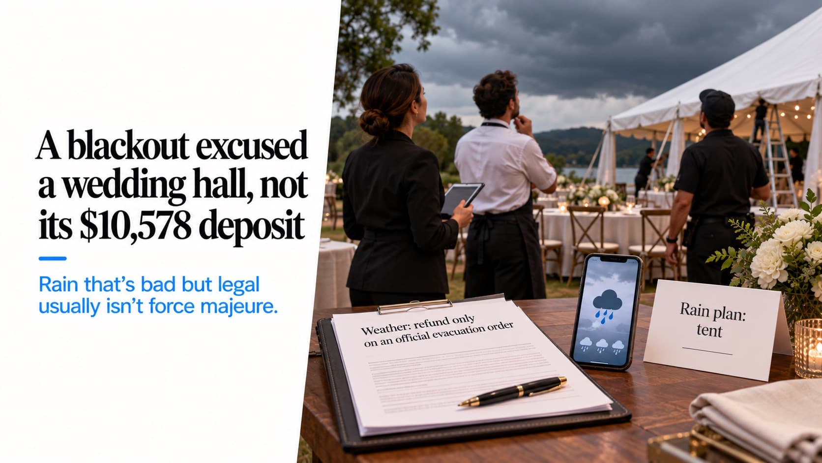 Event staff looking up at storm clouds over a partly raised outdoor tent, with a contract reading 'Weather: refund only on an official evacuation order', a phone showing a rain forecast and a card 'Rain plan: tent'