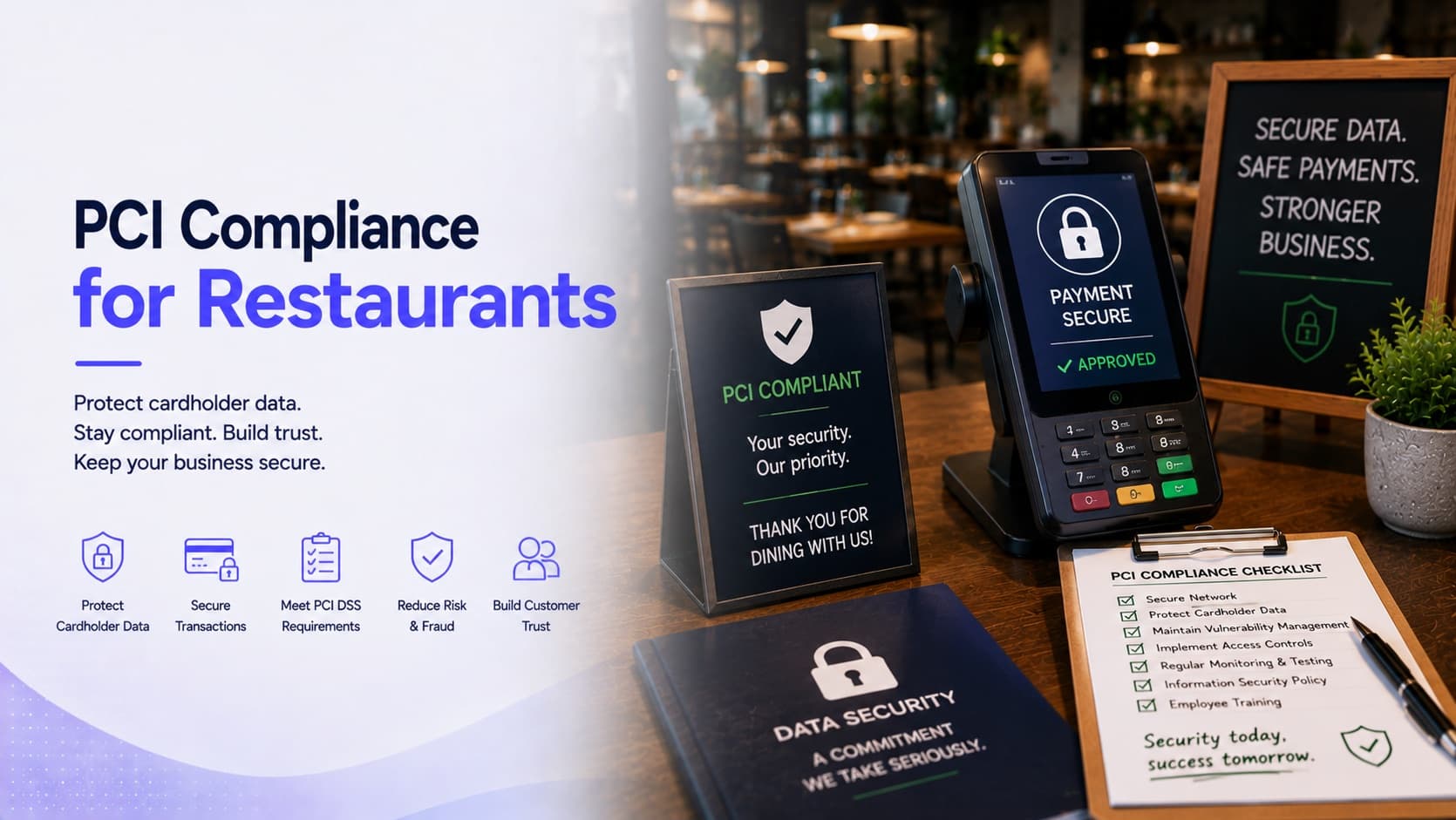 PCI compliance for restaurants — a card payment terminal showing a secured, approved transaction, beside a PCI compliance checklist covering secure networks, cardholder data protection, vulnerability management, access controls, monitoring and employee training
