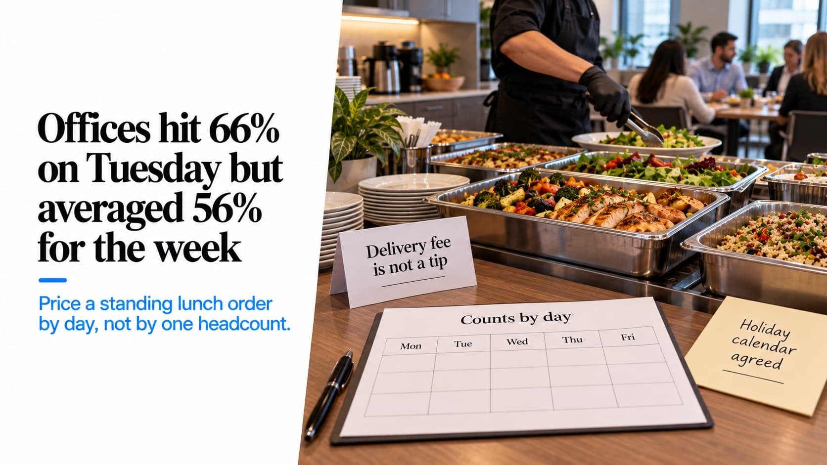 Catered lunch being set out in an office break room, with a standing-order sheet titled 'Counts by day' with columns Monday to Friday, a card reading 'Delivery fee is not a tip' and a note 'Holiday calendar agreed'