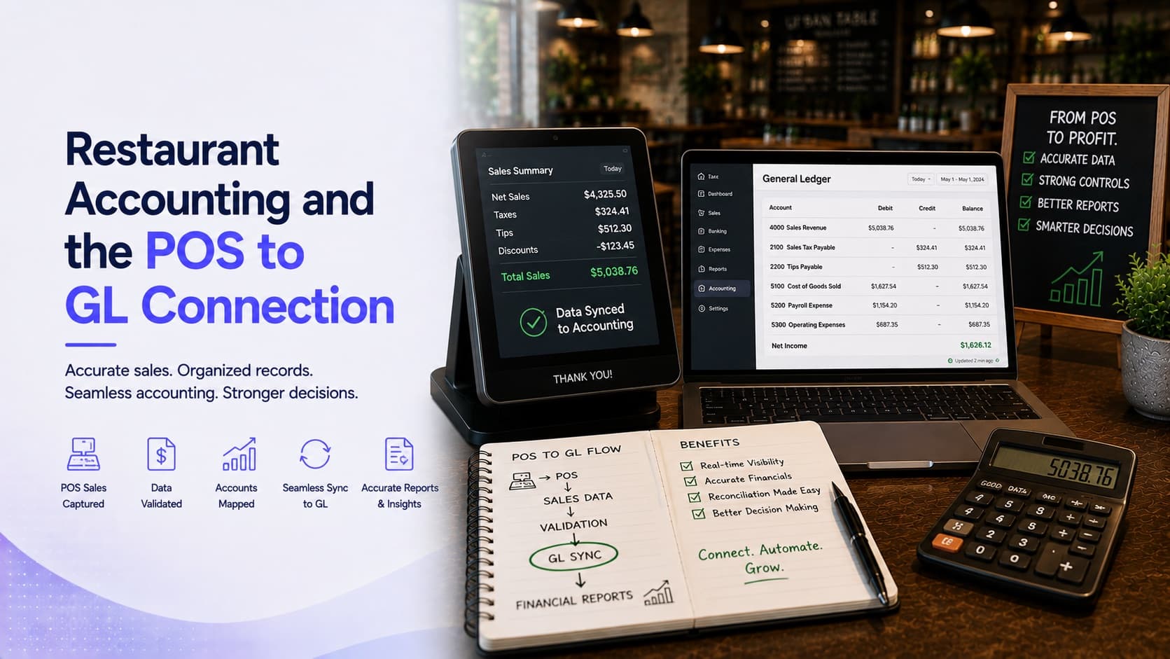 Restaurant accounting and the POS to general ledger connection — a POS sales summary syncing into an accounting general ledger showing sales revenue, sales tax payable, tips payable, cost of goods sold and payroll expense accounts