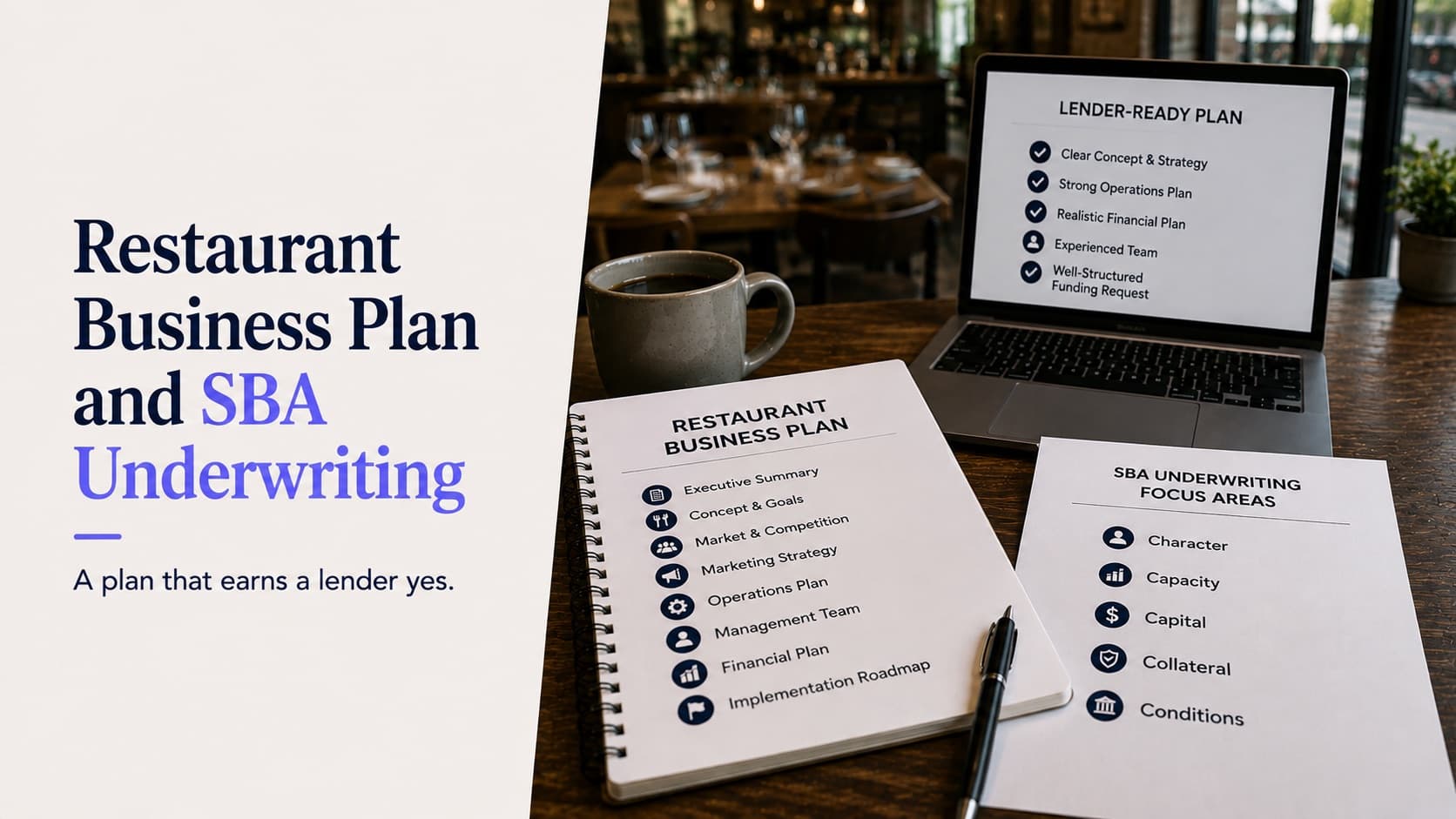 Restaurant business plan and SBA underwriting — a laptop showing a lender-ready plan summary, a printed business plan outline running from executive summary through operations and financial plan, and a sheet headed SBA underwriting focus areas listing character, capacity, capital, collateral and conditions