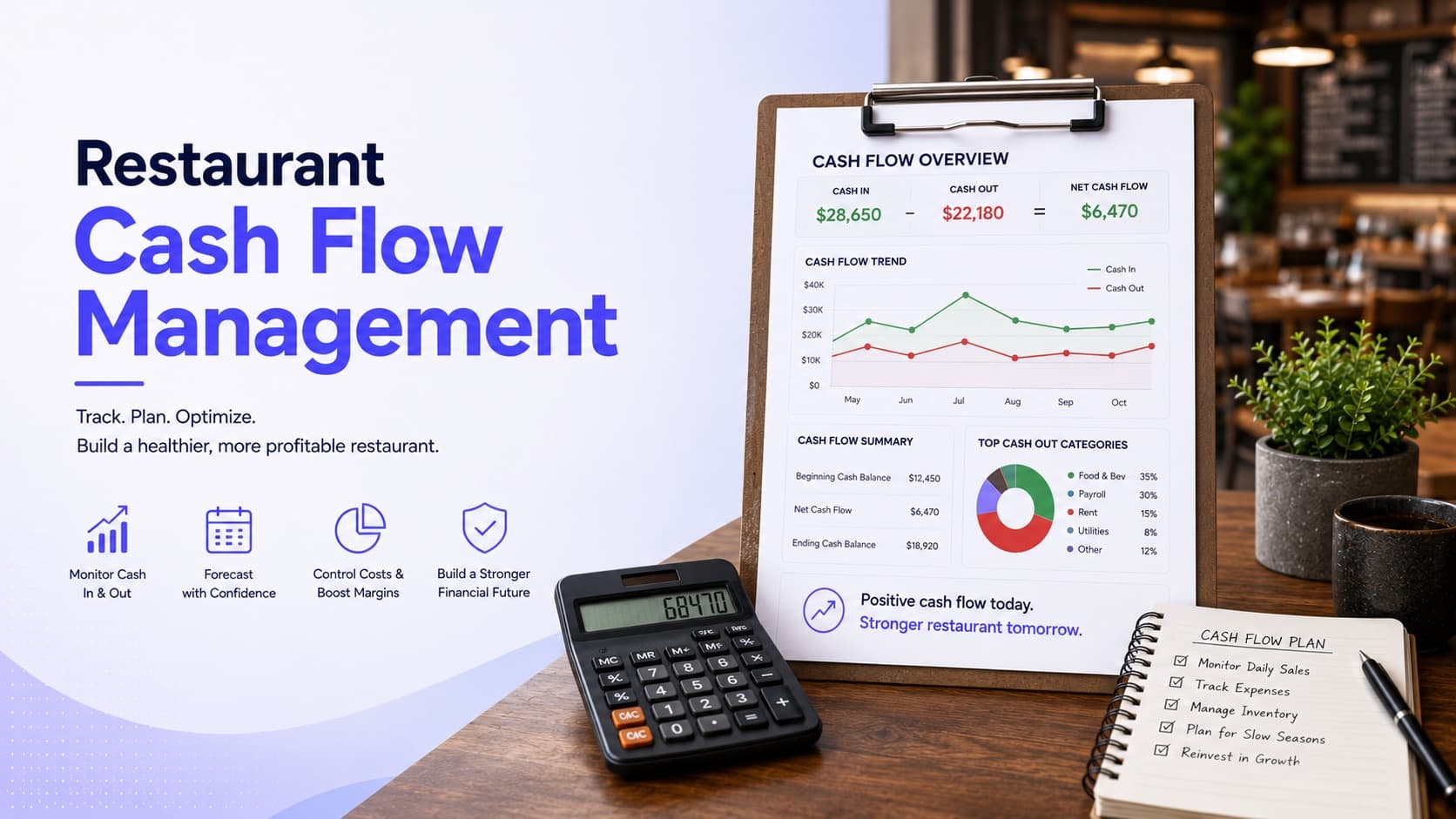 Restaurant cash flow management — a cash flow overview showing cash in, cash out, net cash flow, a monthly trend, and top cash-out categories