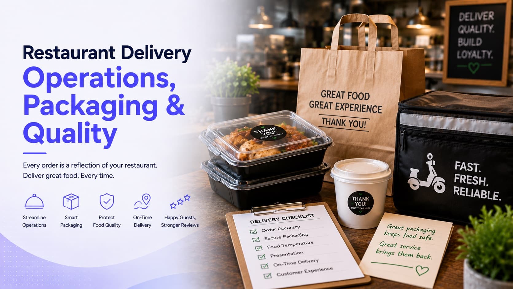 Restaurant delivery operations, packaging and quality — sealed containers, an insulated courier bag, and a delivery checklist covering accuracy, packaging, temperature, and on-time delivery