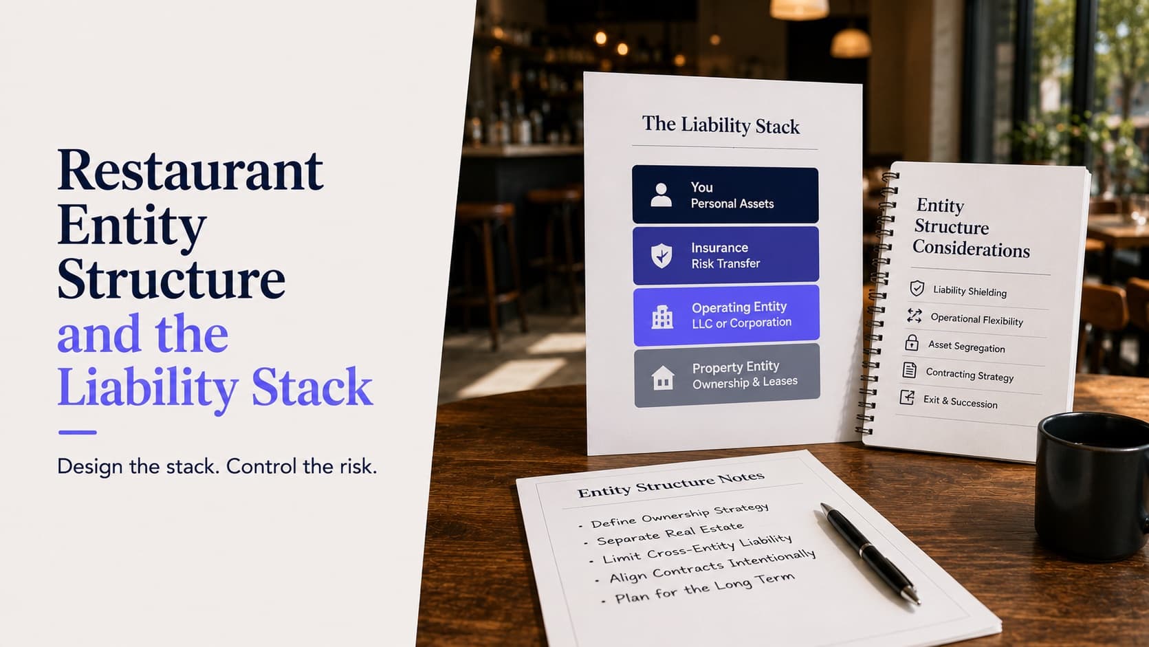 Restaurant entity structure and the liability stack — a printed diagram listing the owner's personal assets, insurance as risk transfer, the operating entity as an LLC or corporation, and a separate property entity for ownership and leases, beside notes on ownership strategy, separating real estate, cross-entity liability and contracting