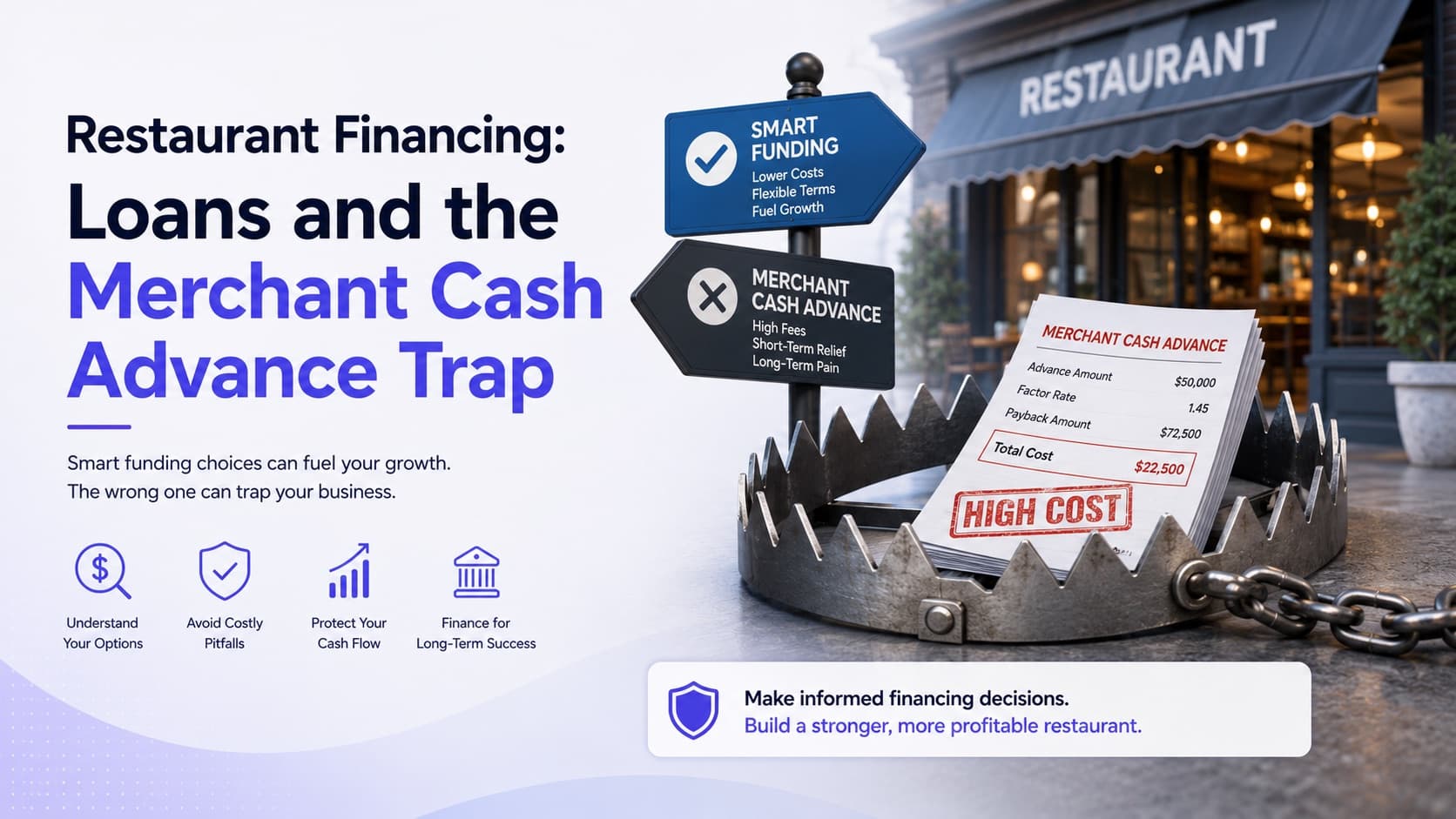 Restaurant financing: loans and the merchant cash advance trap — a signpost contrasting smart funding with a high-cost advance caught in a trap