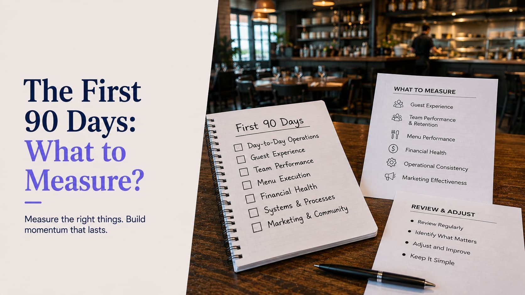 A restaurant's first 90 days and what to measure — a notebook on a dining room table listing day-to-day operations, guest experience, team performance, menu execution, financial health, systems and processes and marketing, beside a what-to-measure card and a review-and-adjust list