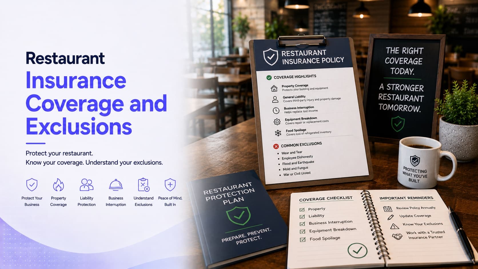 Restaurant insurance coverage and exclusions — an insurance policy summary on a clipboard listing property, general liability, business interruption, equipment breakdown and food spoilage coverage, alongside a list of common policy exclusions