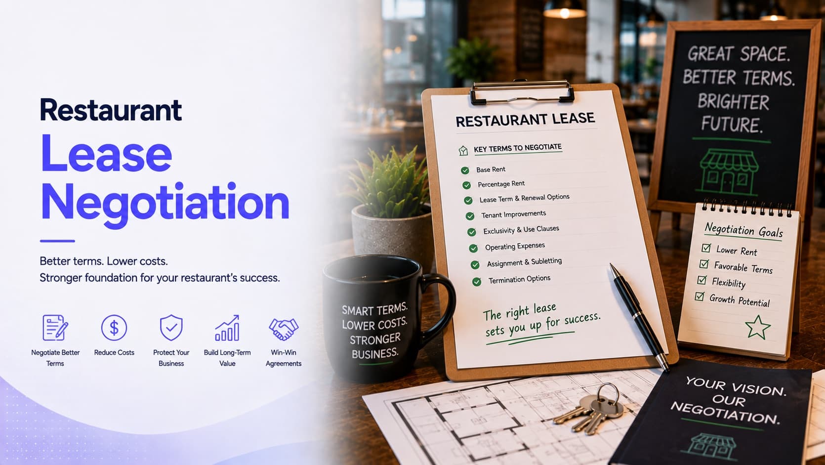 Restaurant lease negotiation — a lease document on a clipboard listing the key terms to negotiate, including base rent, percentage rent, term and renewal options, tenant improvements, exclusivity, operating expenses, assignment and subletting, beside floor plans and keys