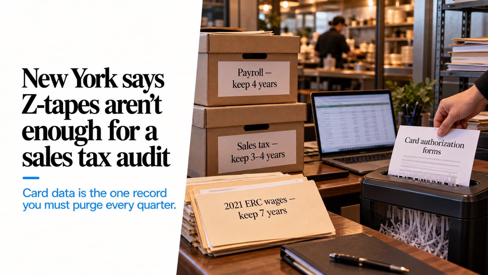 A restaurant back office with file boxes labeled 'Payroll — keep 4 years' and 'Sales tax — keep 3–4 years', a folder '2021 ERC wages — keep 7 years', and a sheet of card authorization forms going into a shredder