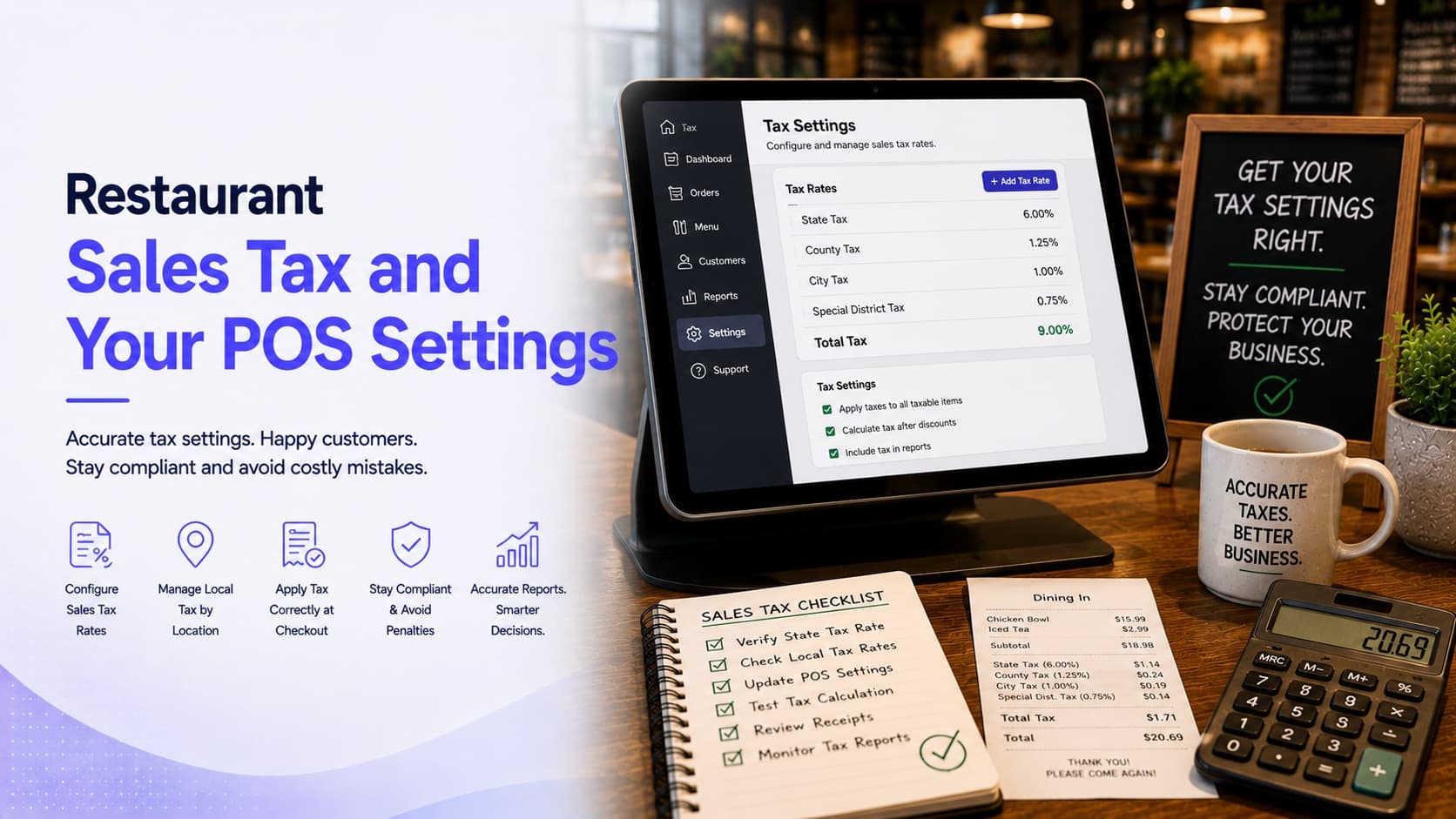 Restaurant sales tax and POS settings — a POS tax settings screen listing separate state, county, city and special district rates totalling nine percent, beside a dine-in receipt showing each tax line calculated individually