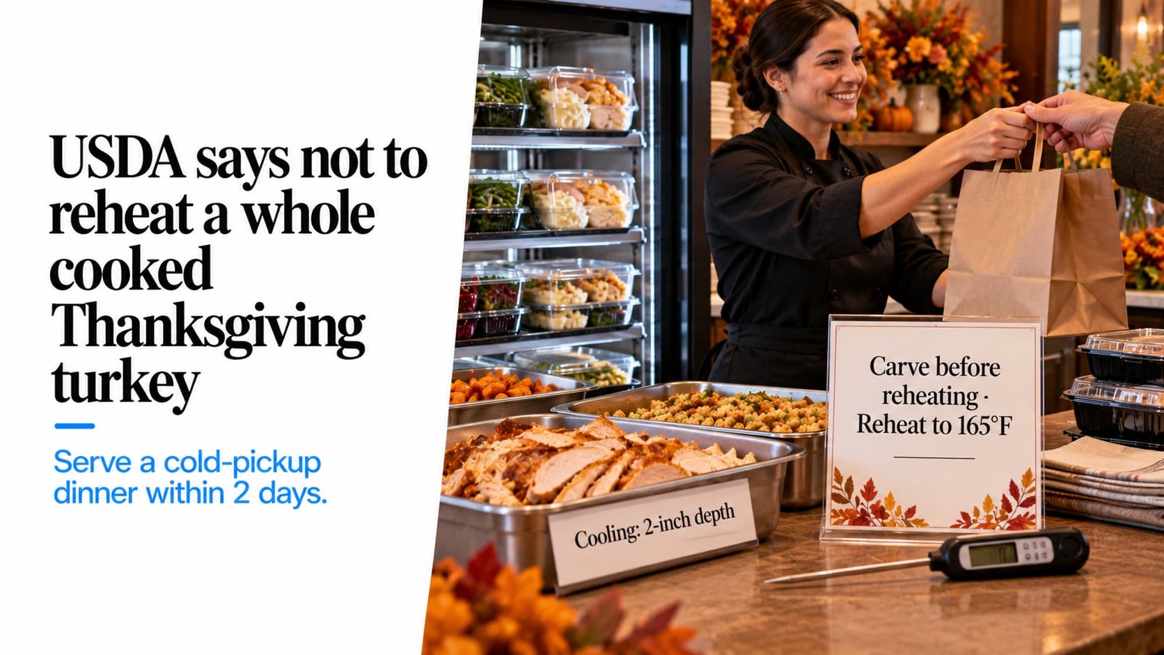 A restaurant pickup counter on Thanksgiving week with chilled packaged dinners in a refrigerated case, carved turkey in a hotel pan labeled 'Cooling: 2-inch depth', a sign reading 'Carve before reheating · Reheat to 165°F' and a probe thermometer