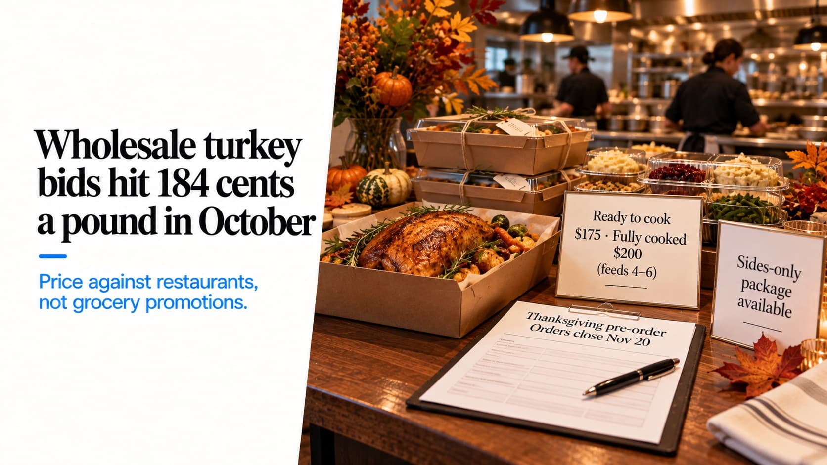Packaged Thanksgiving to-go dinners on a restaurant counter with a pre-order form reading 'Orders close Nov 20', a price card 'Ready to cook $175 · Fully cooked $200 (feeds 4–6)' and a sign 'Sides-only package available'