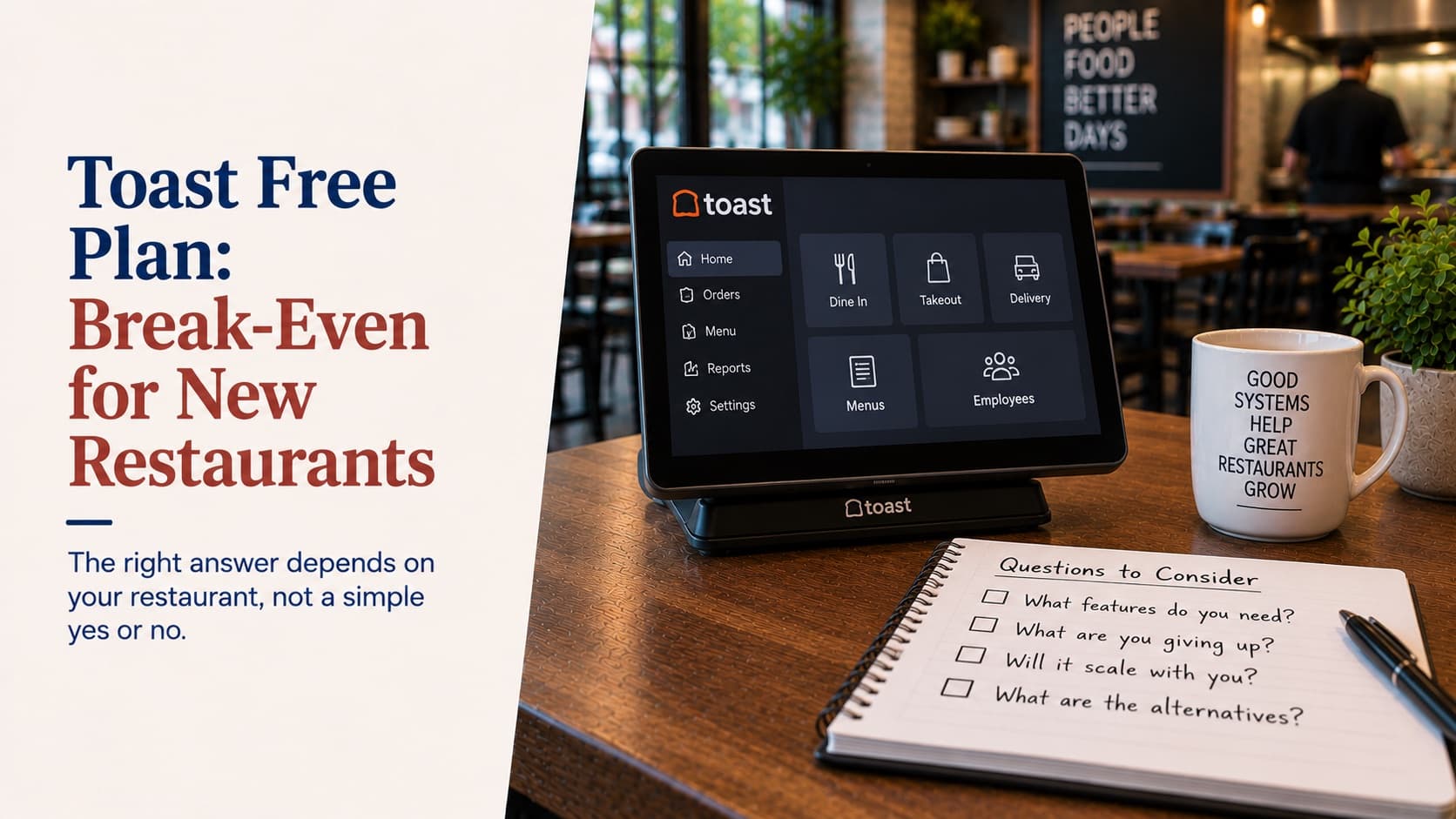 Toast free plan break-even for new restaurants — a Toast POS terminal on a restaurant table showing the home screen with dine-in, takeout, delivery, menus and employees tiles, beside a notebook headed Questions to Consider listing what features you need, what you are giving up, whether it will scale and what the alternatives are