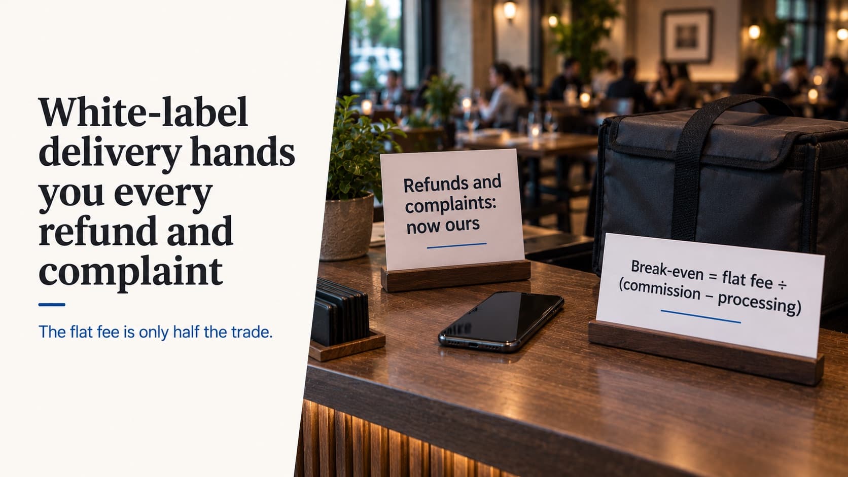 White-label delivery hands you every refund and complaint — a restaurant counter with an unbranded delivery bag and a phone, beside cards reading 'Refunds and complaints: now ours' and 'Break-even = flat fee ÷ (commission − processing)'